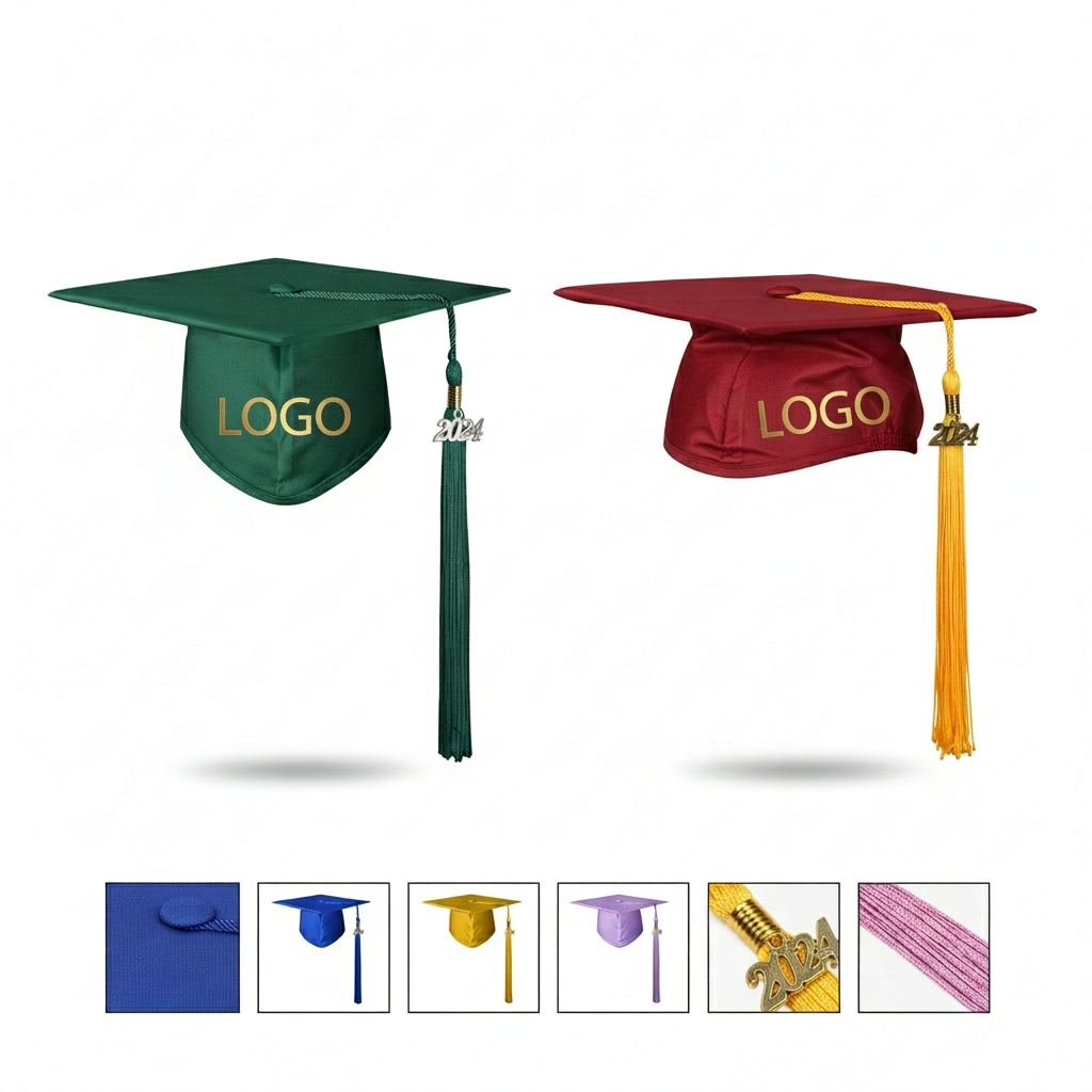 Shiny Polyester Graduation Cap with Zinc Alloy Badge and Elastic Fit