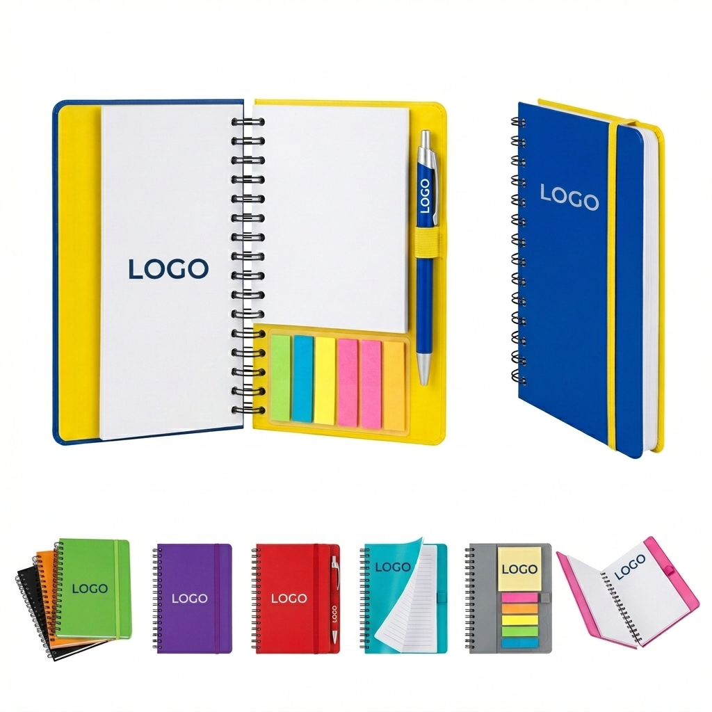 Sustainable Spiral Notebook Set with Neon Flags & Eco Pen