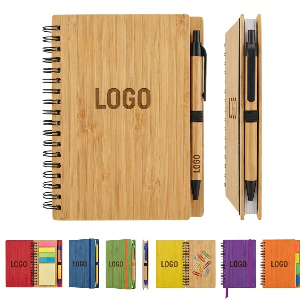 Eco-Friendly Bamboo Spiral Notebook with Detachable Sticky Notes & Pen