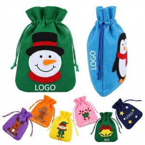 Festive Felt Drawstring Gift Bag with Christmas Figurines
