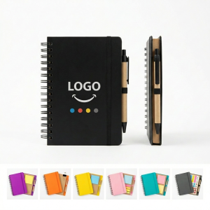 Professional Recycled Spiral Notebook with Notes, Pen & Neon Flags