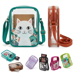 Playful Cat Print PVC Crossbody Bag with Colorful Accents