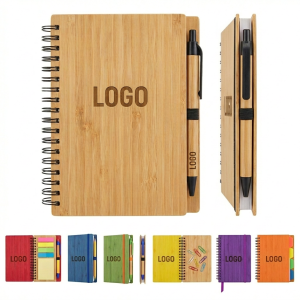Eco-Friendly Bamboo Spiral Notebook with Detachable Sticky Notes & Pen