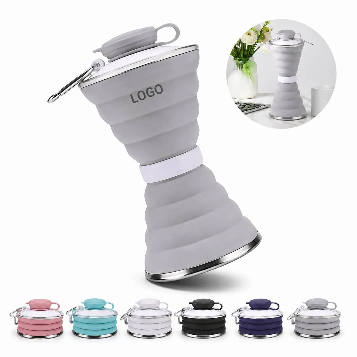 Collapsible 17oz Silicone Water Bottle with Carabiner