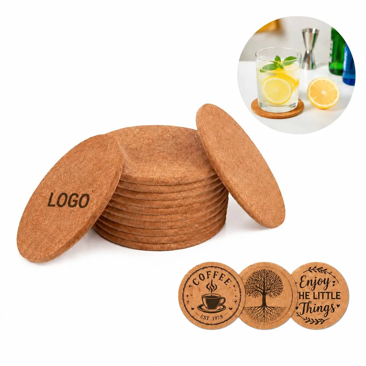 Custom Logo Cork Drink Coasters for Bars, Absorbent