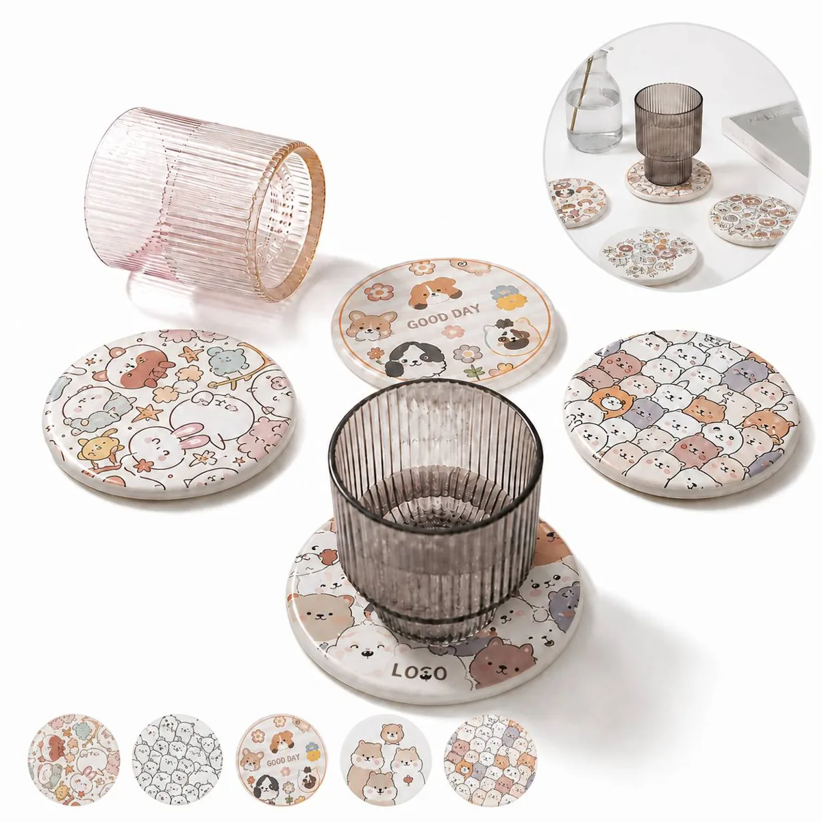 Quick-Dry Absorbent Coasters Set for Cups, Anti-Slip Stone