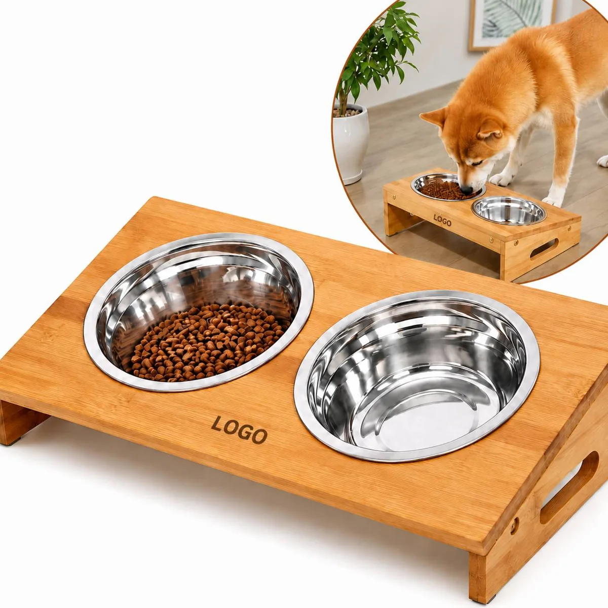 Natural Bamboo Elevated Pet Feeding Station with Two