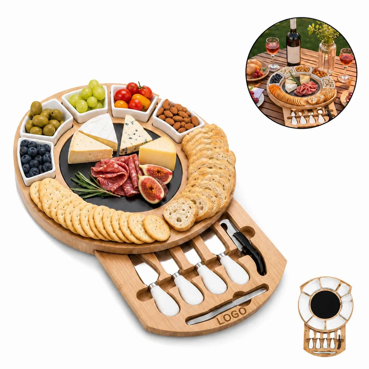 Premium Bamboo Cheese Board Knife Set, Nonporous Easy-Clean
