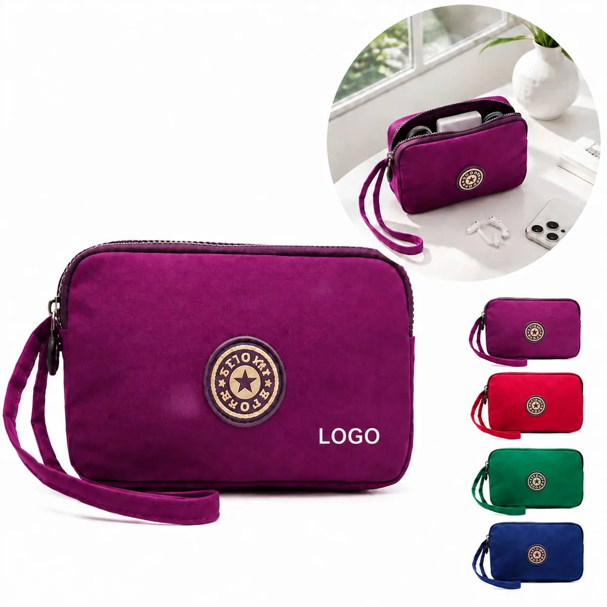 Three-Zip Oxford Travel Pouch for Phones, Cosmetics