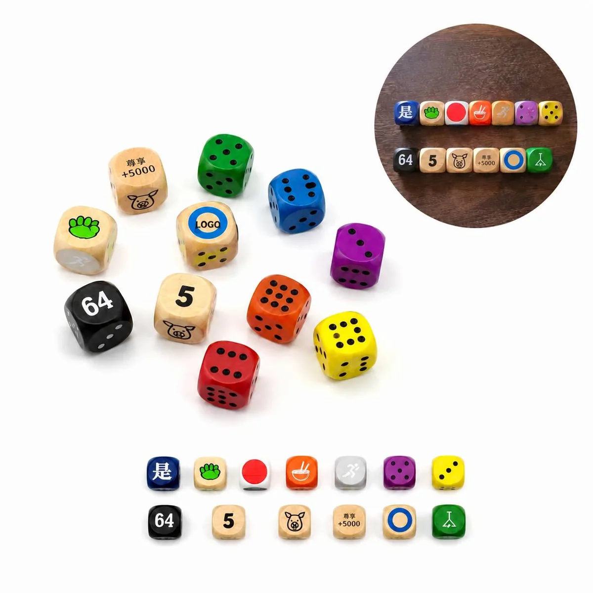 Natural Wood Dice Game Set, Smooth Sanded White Dots, 6