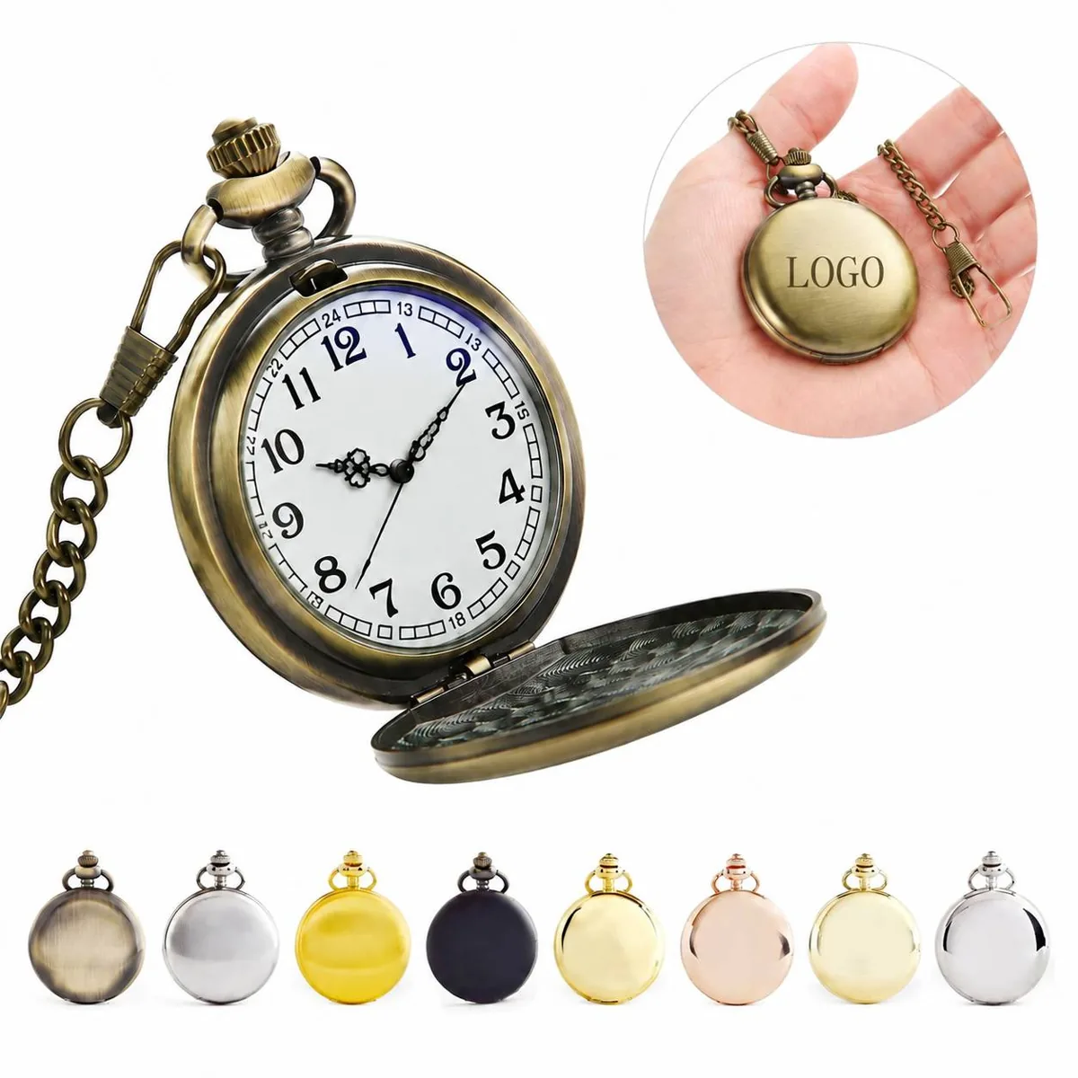 Vintage Pocket Watch Set with Chain, Alloy Case, Elegant