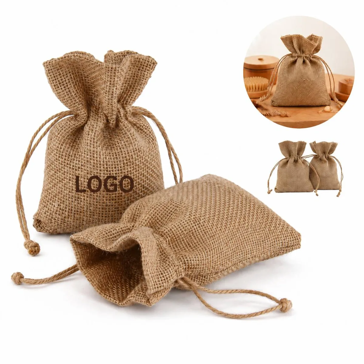 Eco Friendly Burlap Gift Pouches with Drawstring, Natural