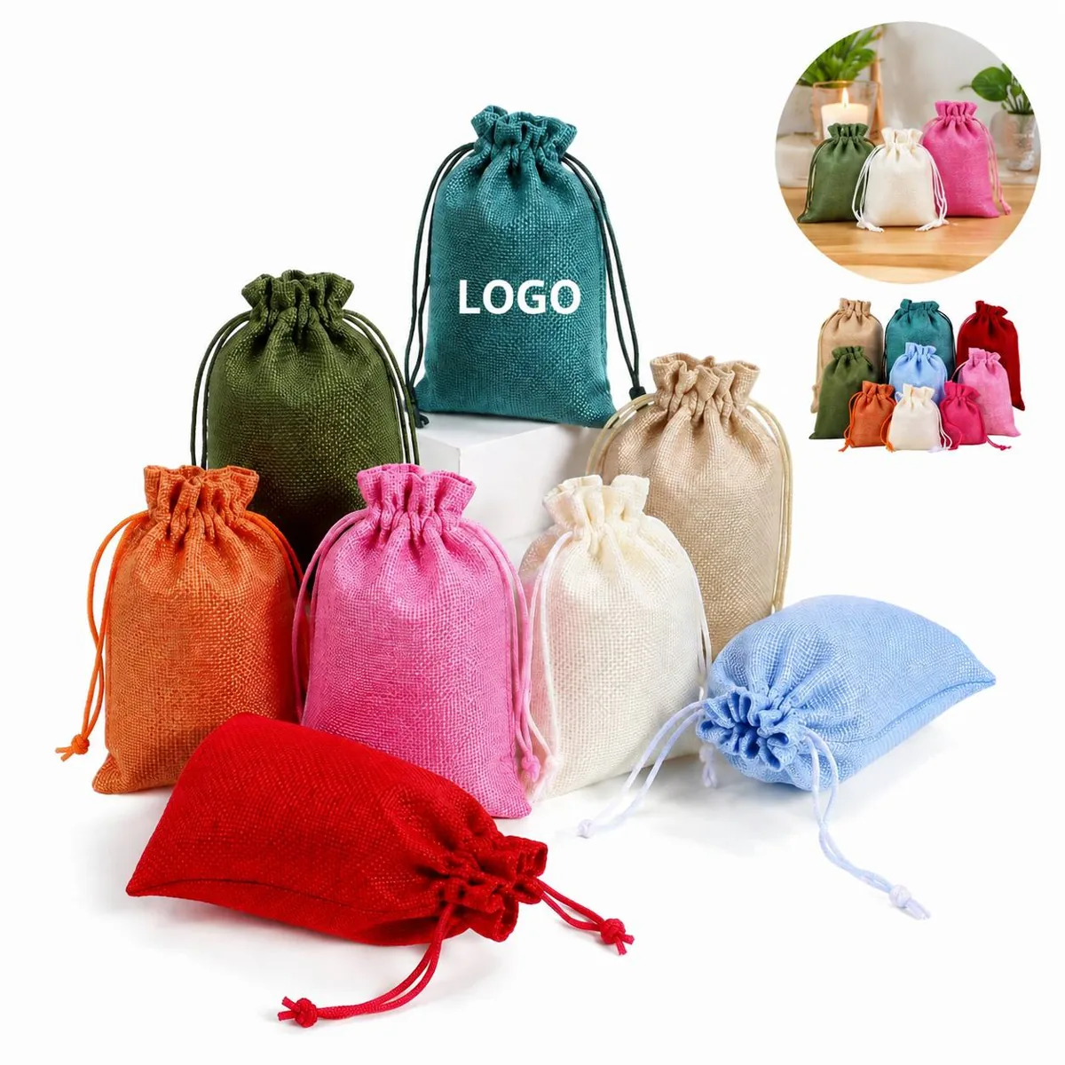 Drawstring Burlap Wine Bottle Tote Gift Pouch with Handle