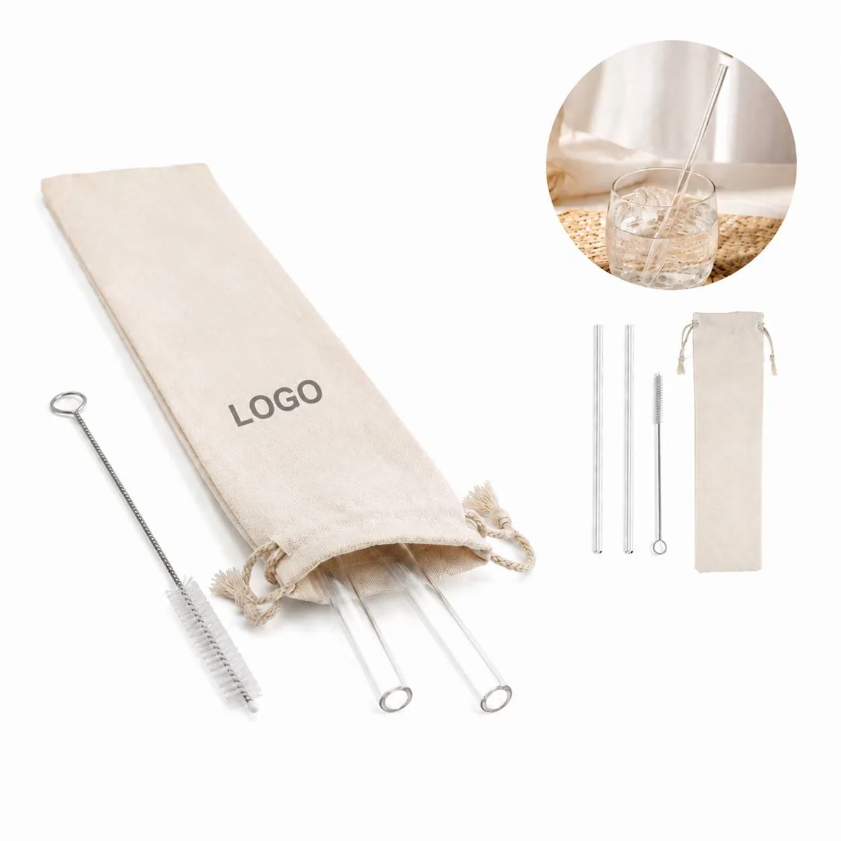 Reusable Glass Straws 2-Pack with Cleaning Brush & Bag