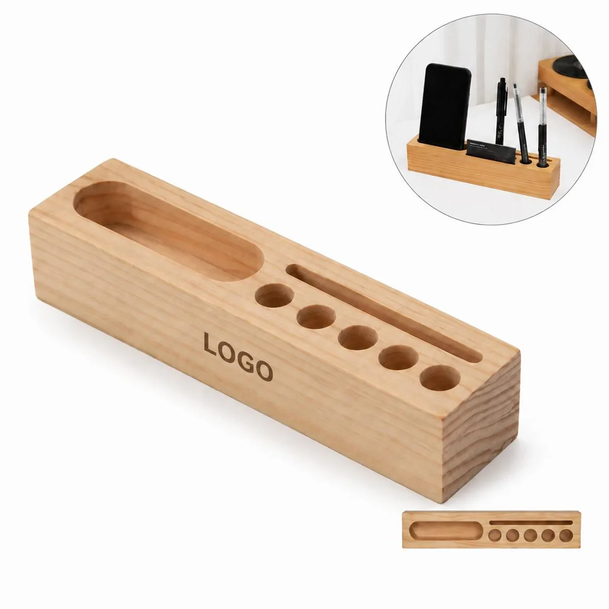 Custom Natural Wood Desk Organizer with Phone Stand and Pen