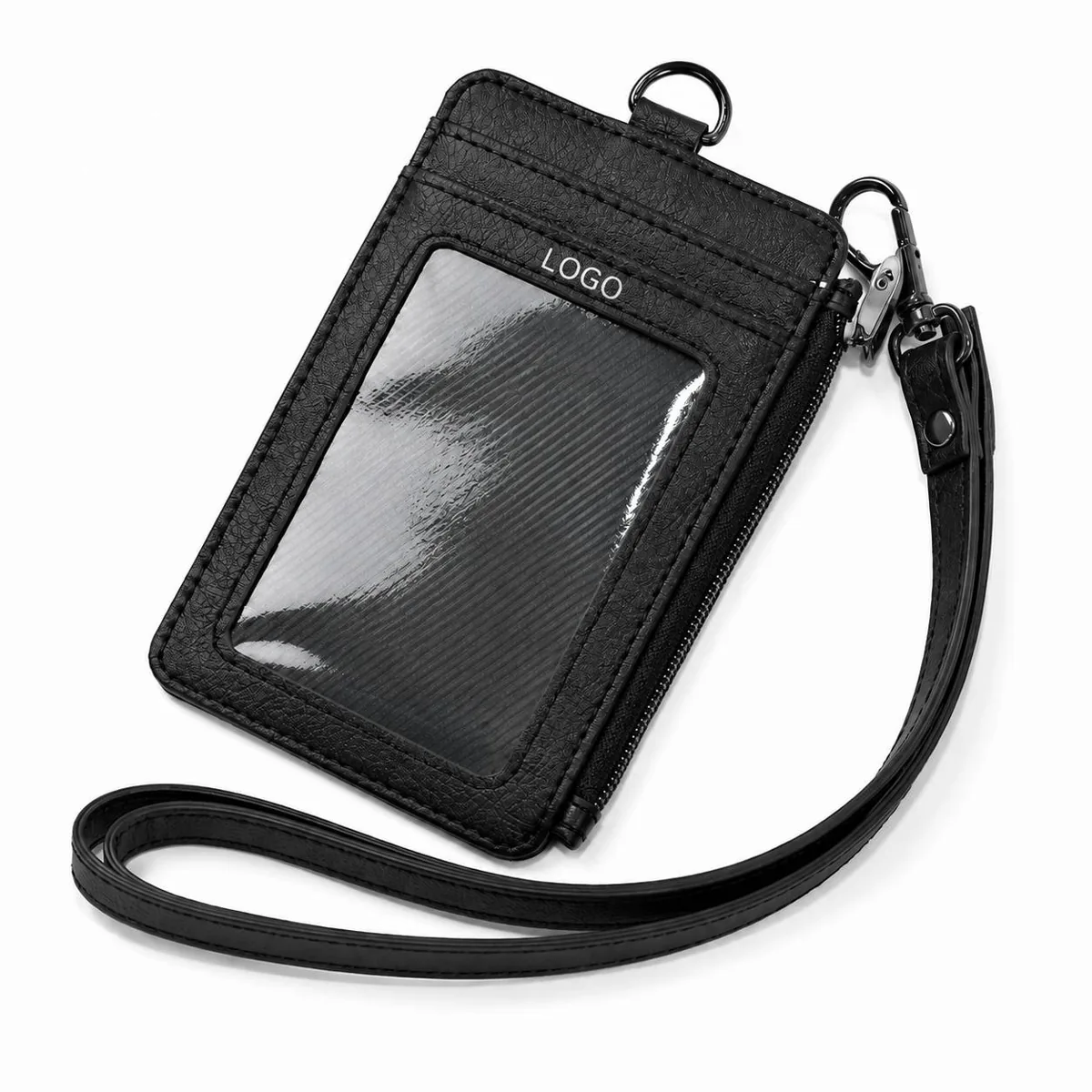 PU Leather Badge Holder with Zippered Pocket, 5 Card Slots