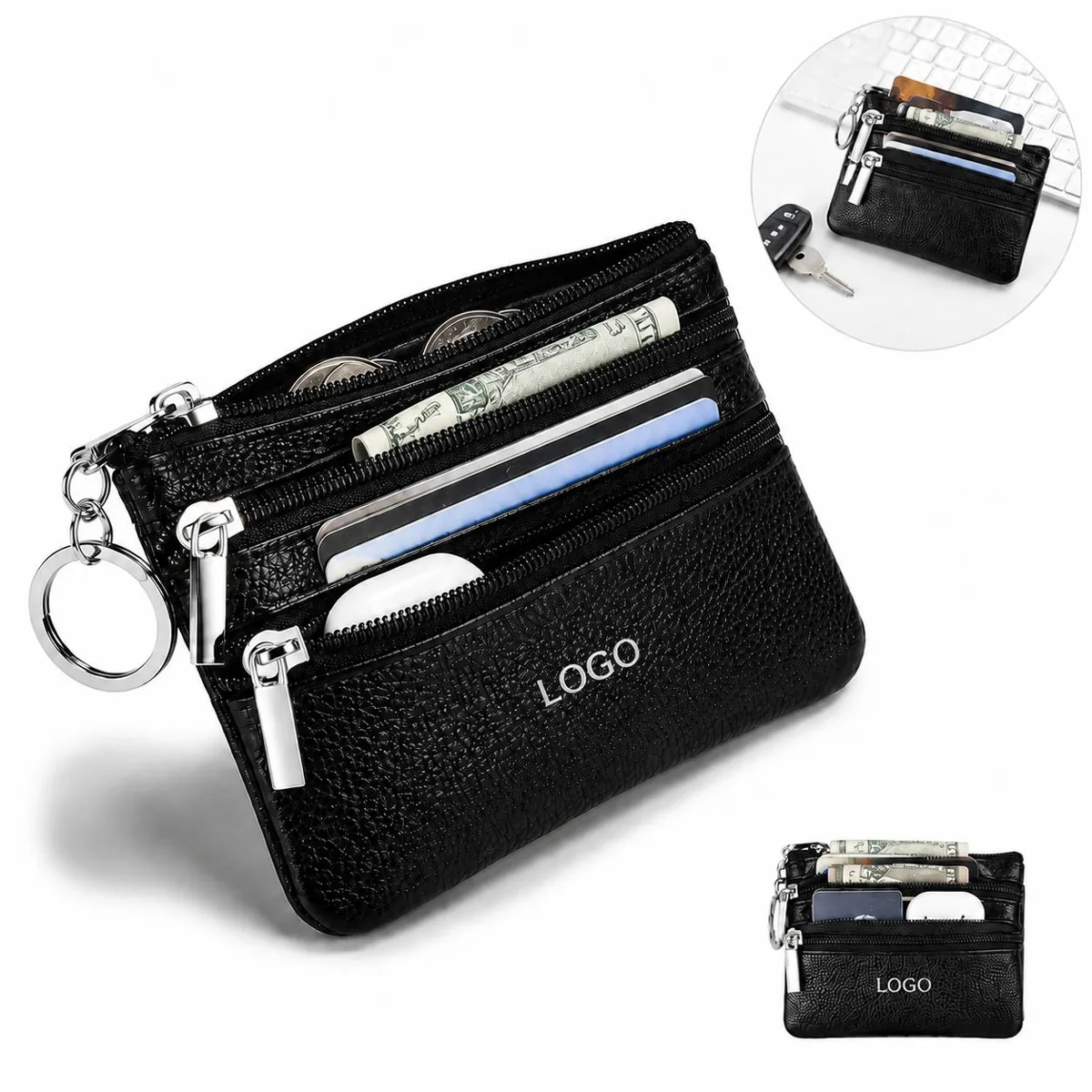 Pebble Leather Zip Coin Pouch Keychain with Key Ring