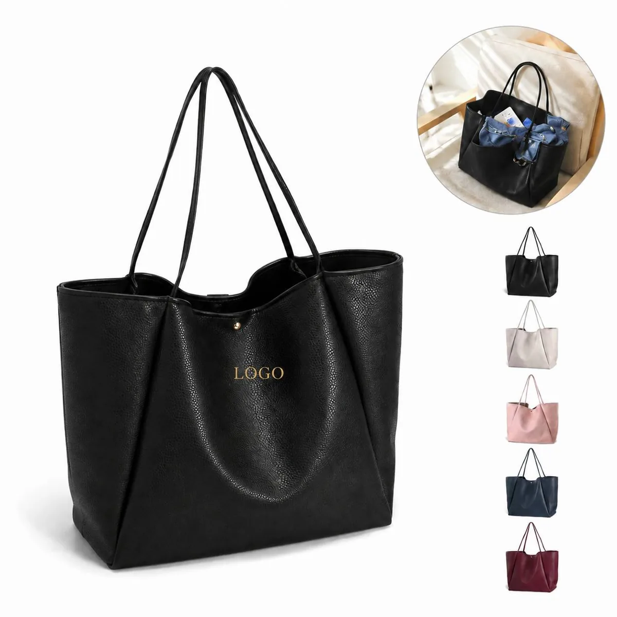 Oversized PU Leather Tote with Magnetic Snap Closure