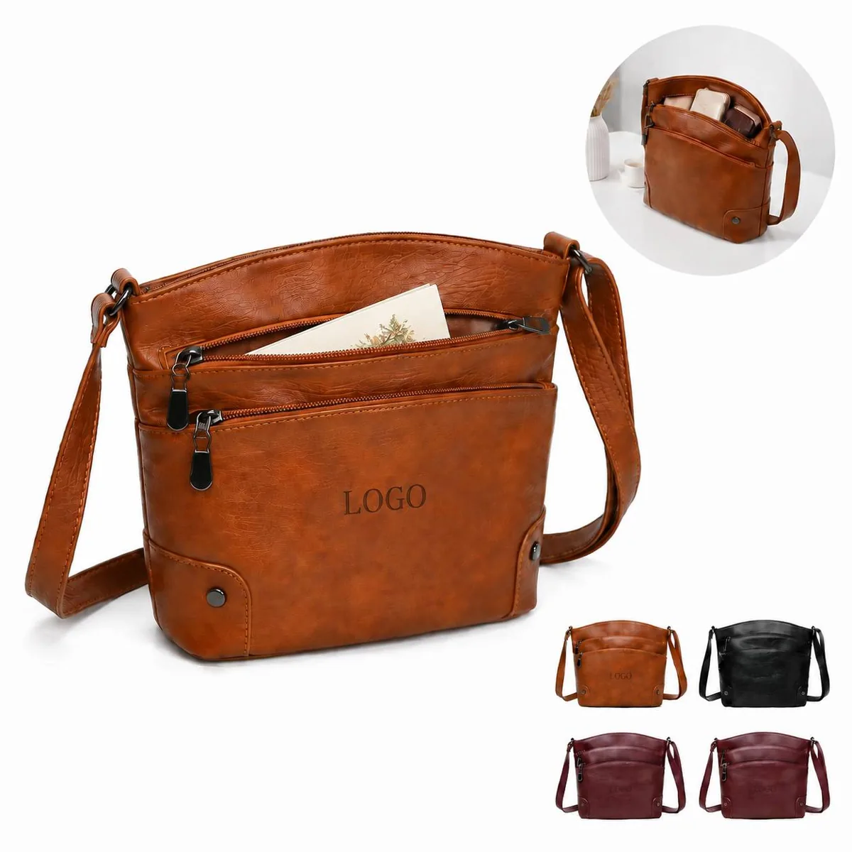 Women's Compact Leather Crossbody Bag with Triple Zipper