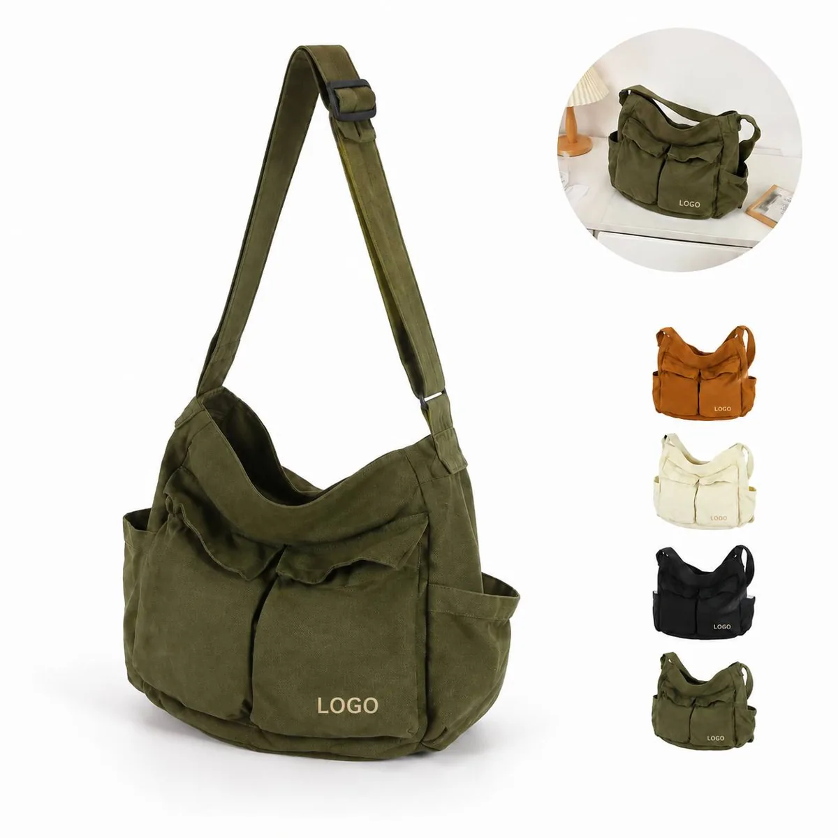 Canvas Crossbody Bag with Multiple Pockets