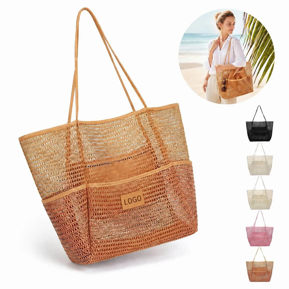 Summer Mesh Beach Tote Bag with Multiple Pockets