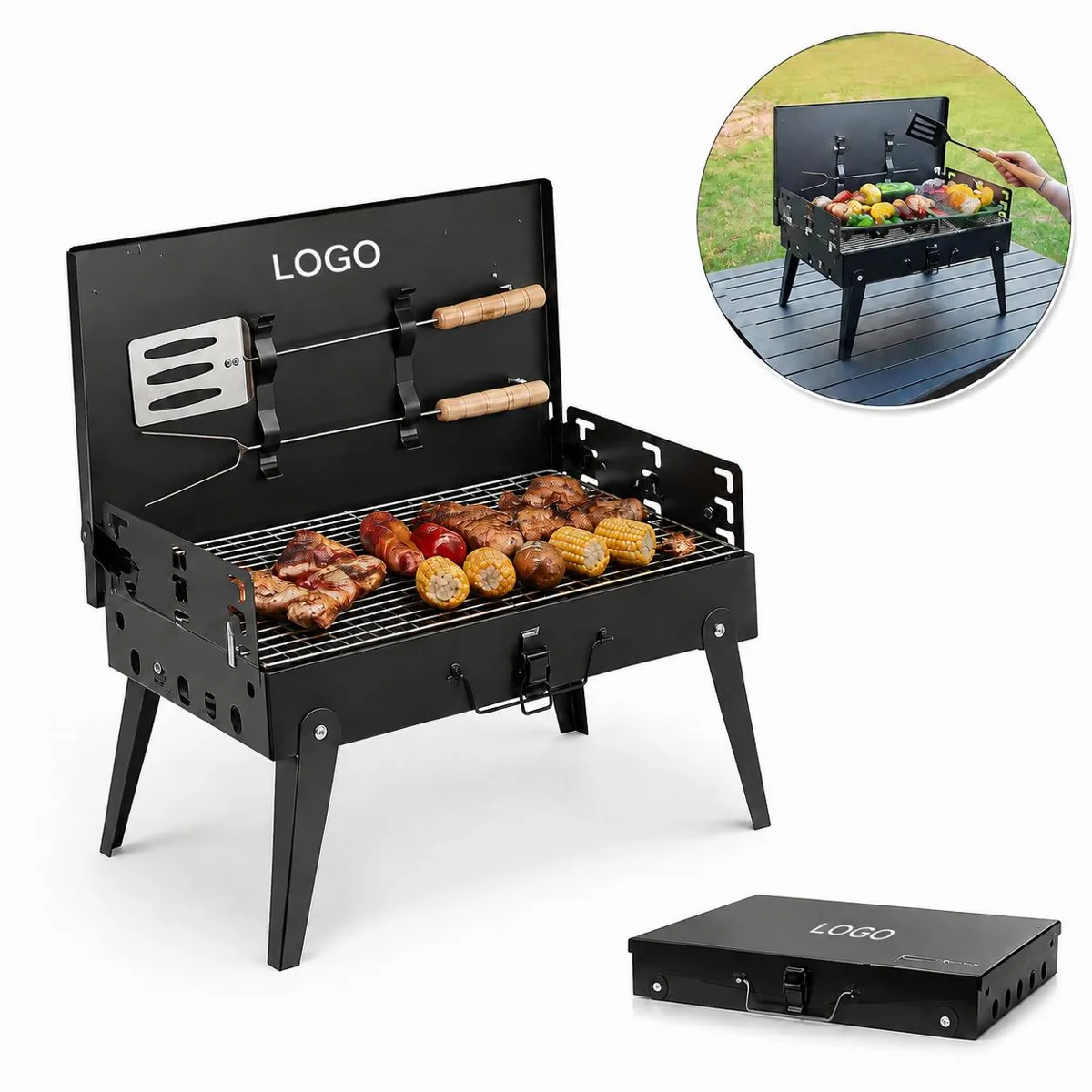 Collapsible Charcoal Barbecue Grill with Adjustable Height