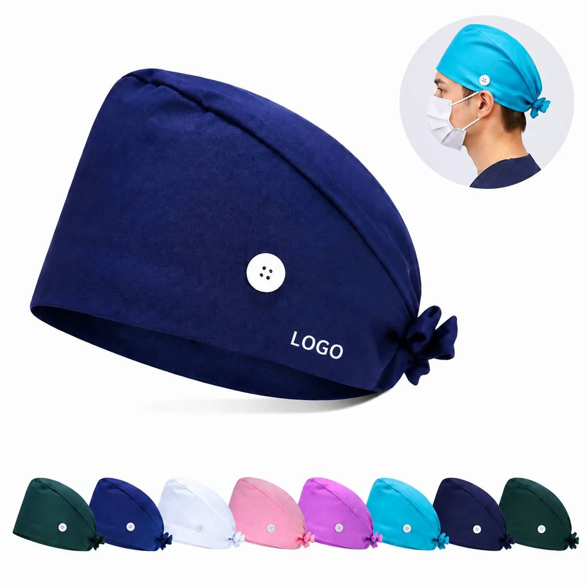 Unisex Medical Scrub Cap with Side Button Mask Fasteners