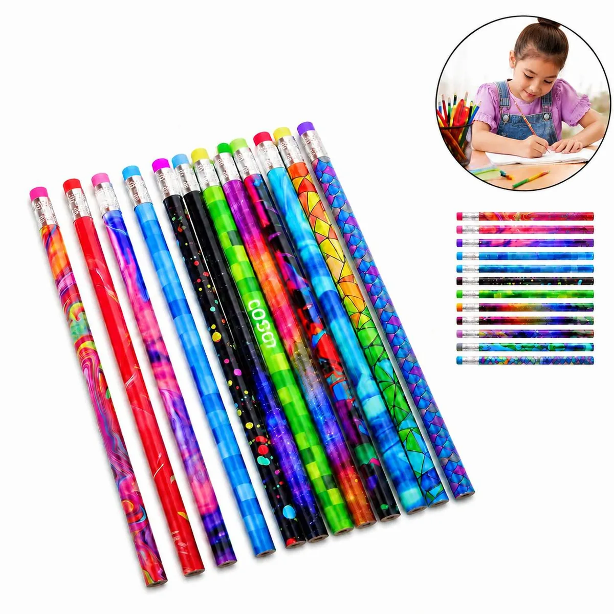 Custom Full Color Wooden Pencils with Eraser Top for Kids