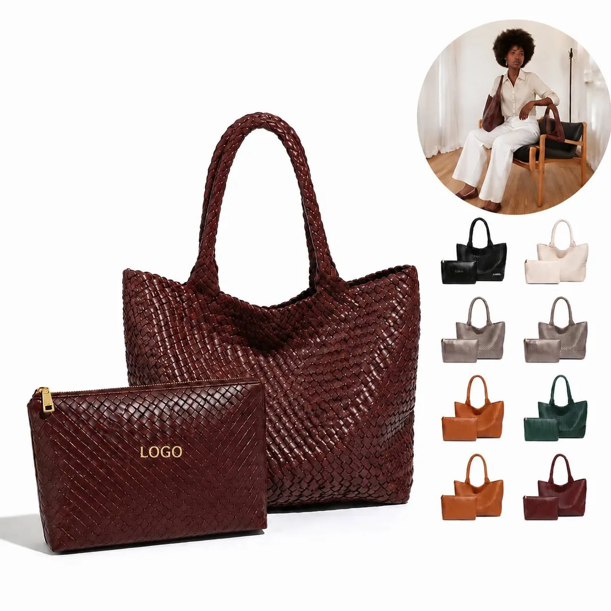 Handcrafted Leather Woven Tote with Inner Pouch for Daily