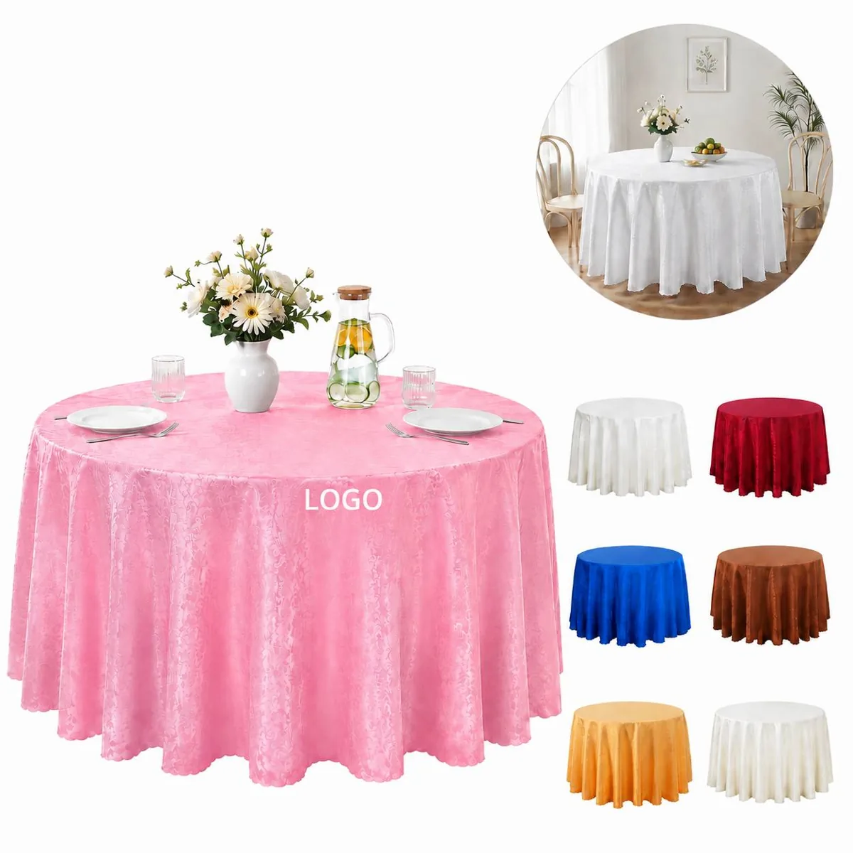 Custom Logo Damask Table Cover, Durable Polyester, Machine