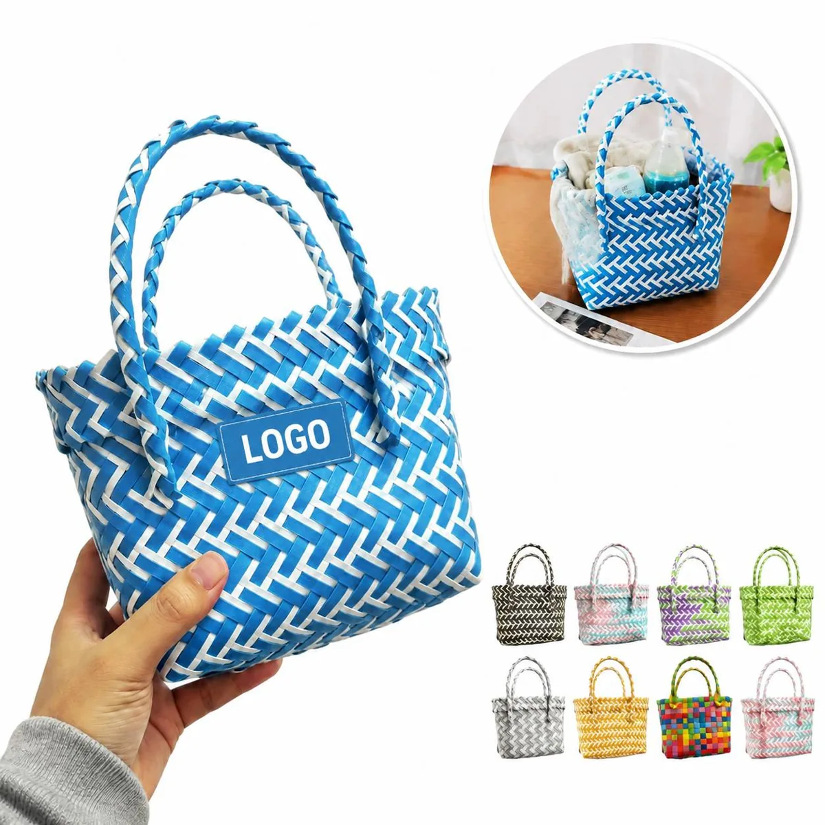 Braided Plastic Rattan Beach Tote, Lightweight Woven Basket