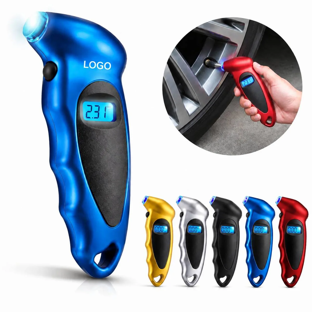 Digital Tire Pressure Monitor with Backlit LCD and LED Light