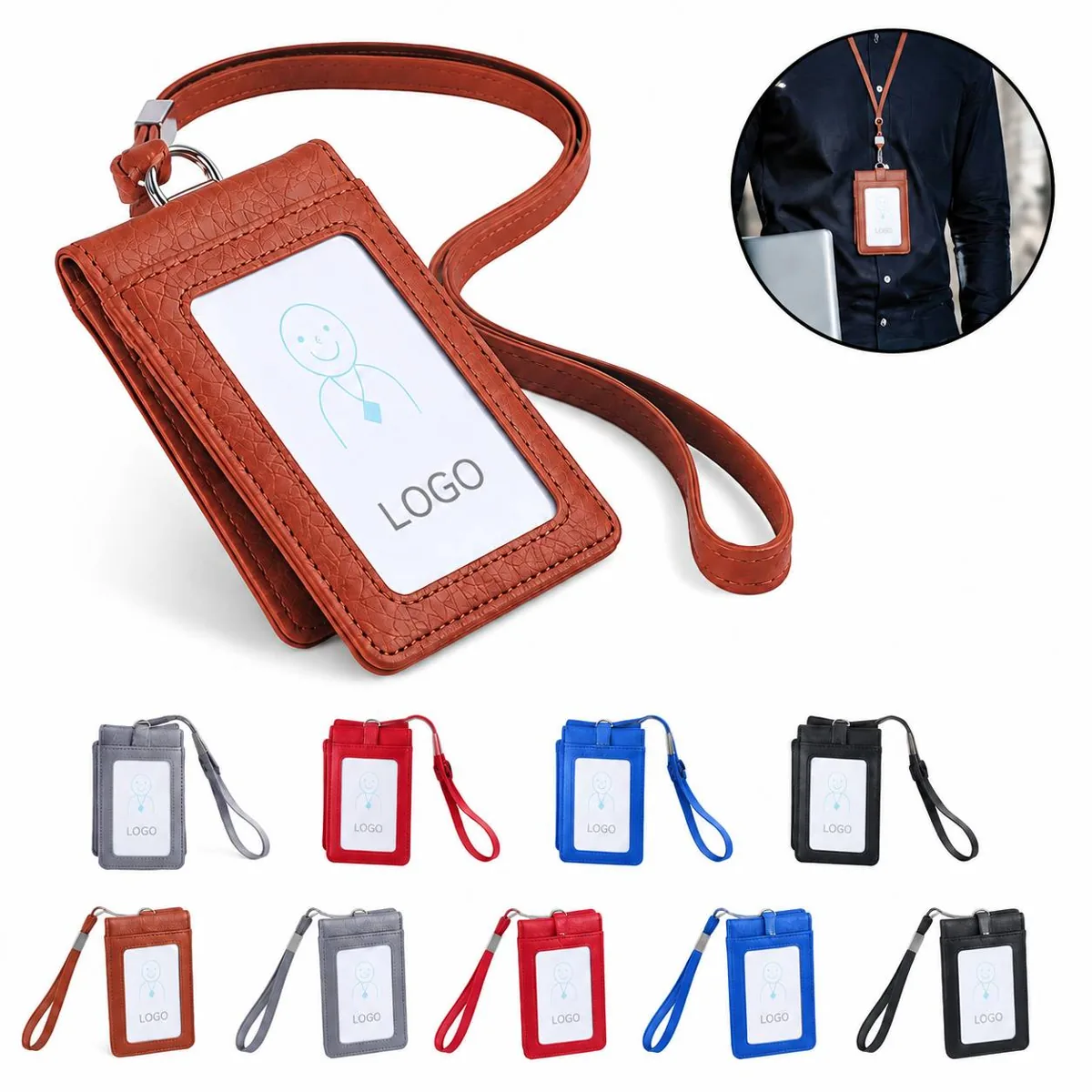 PU Leather ID Badge Holder with Clear Window, 5 Card Wallet