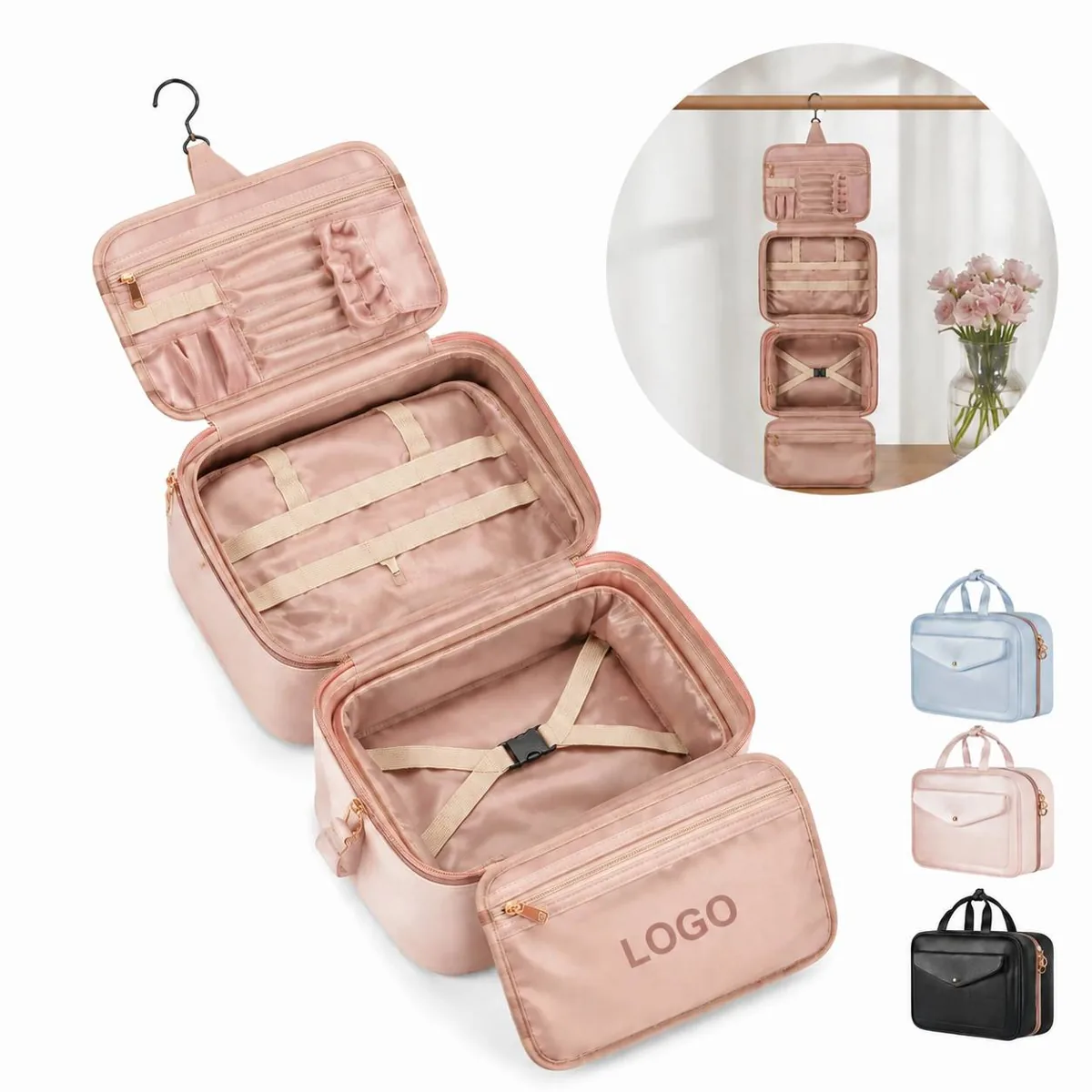 Travel Hanging Toiletry Bag with Hook, PU Leather Organizer