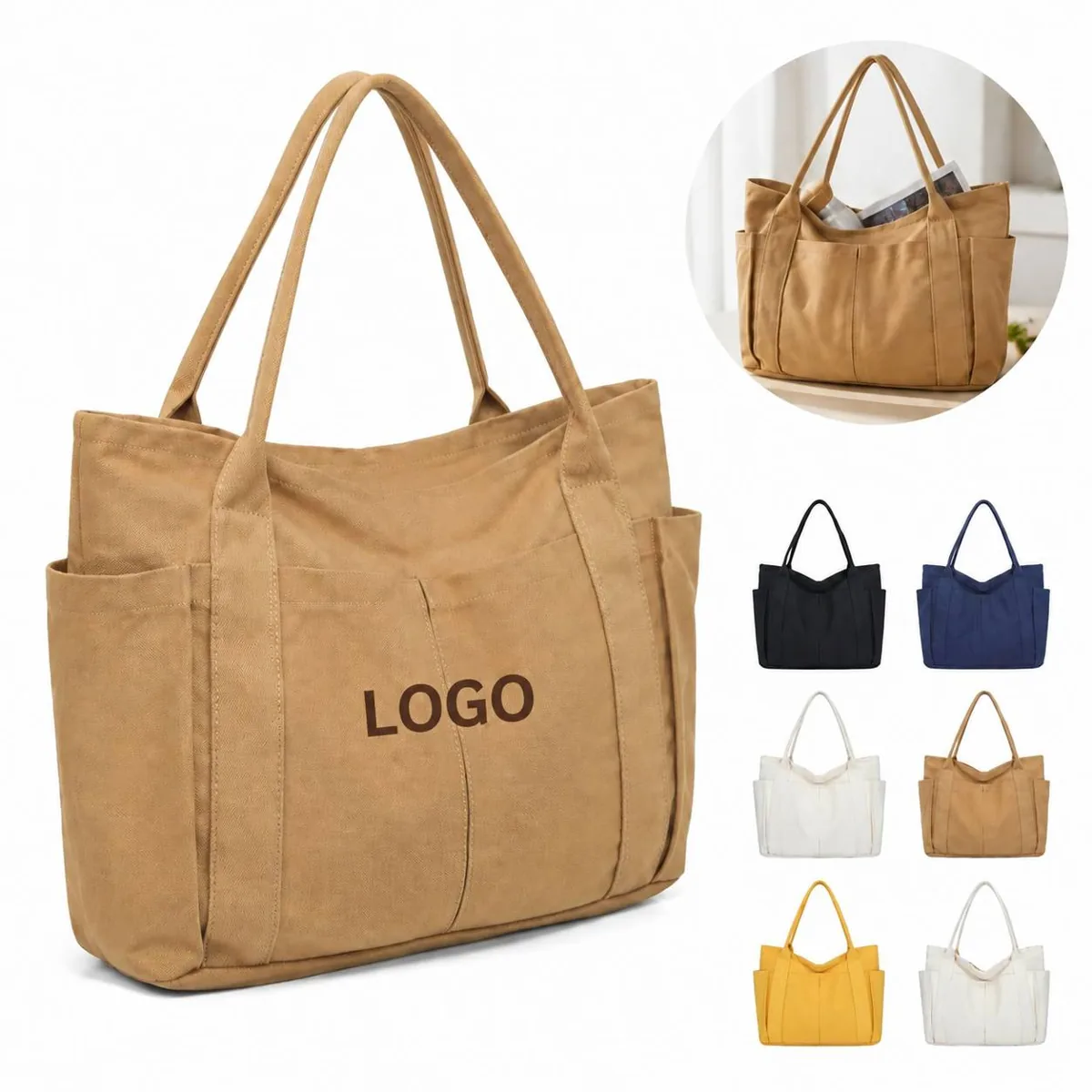 Classic Canvas Tote Shoulder Bag, Solid Color, Spacious