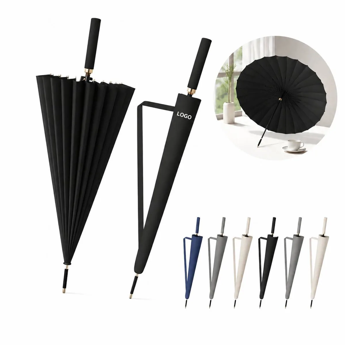 24 Rib Auto Open Umbrella, Heavy Duty Quick-Dry Long Handle