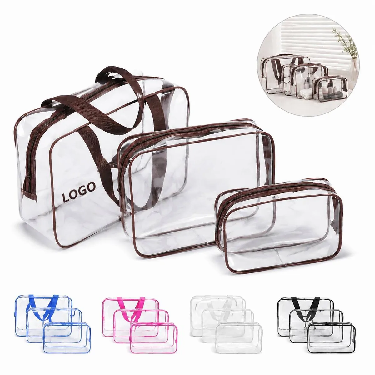 Clear PVC Travel Makeup Bag Set 3 Sizes Toiletry Organizer