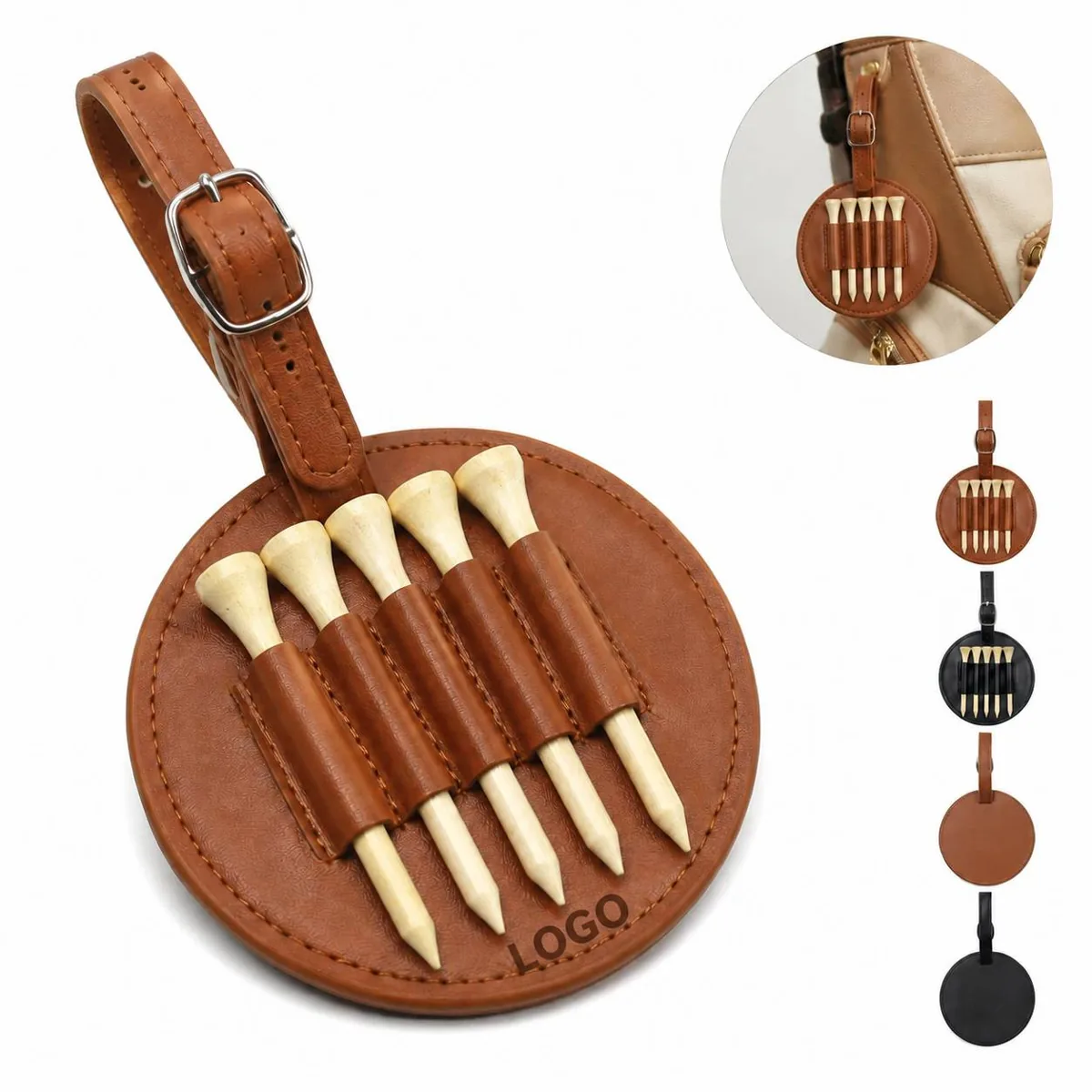 PU Leather Golf Tee Holder with Strap, 5 Slots Organizer