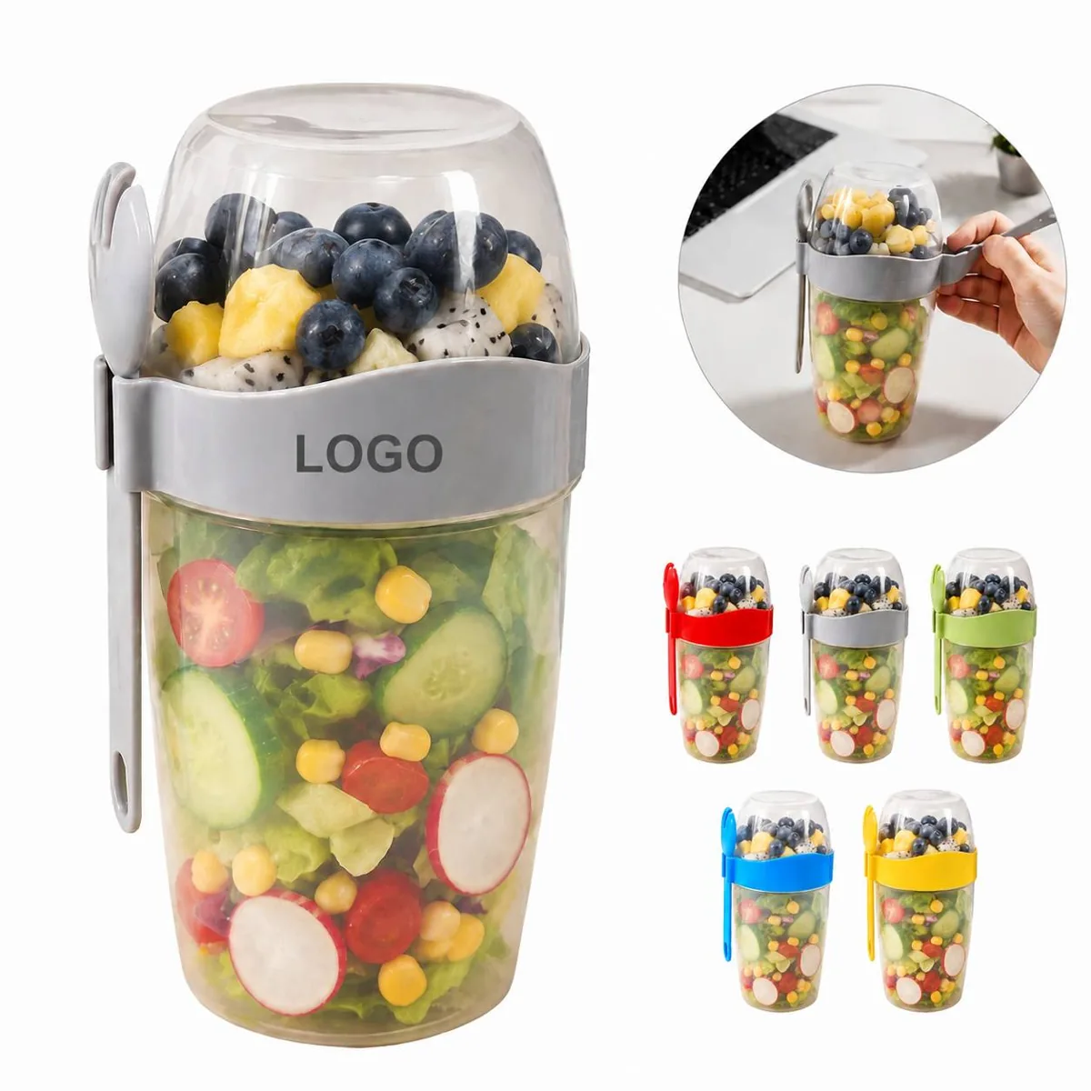 Portable 2-Compartment Breakfast Cup with Lid Spoon Set