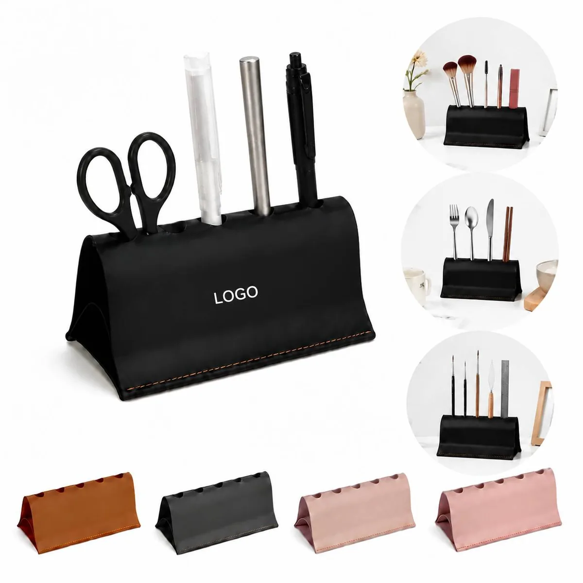 Retro Faux Leather 5 Slot Foldable Pen Caddy Desk Organizer