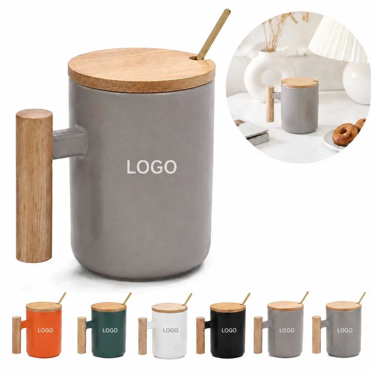 Personalized 14oz Ceramic Coffee Mug Set with Bamboo Lid