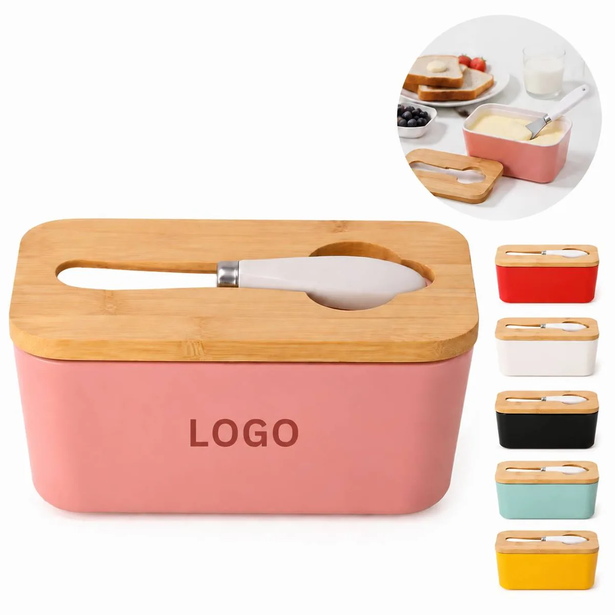 Ceramic Butter Dish with Wooden Lid, Airtight Seal