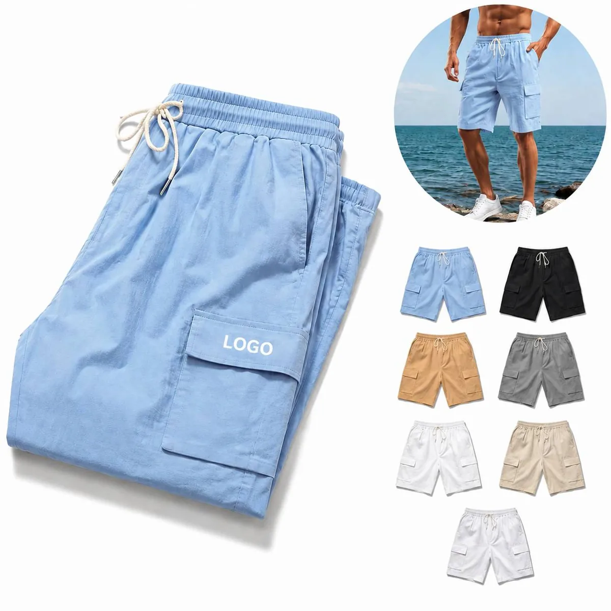Men's Cotton Linen Cargo Shorts Straight Leg