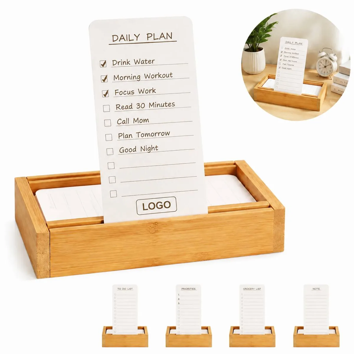 Bamboo Desk Task Card Organizer with 50 Standing Cards