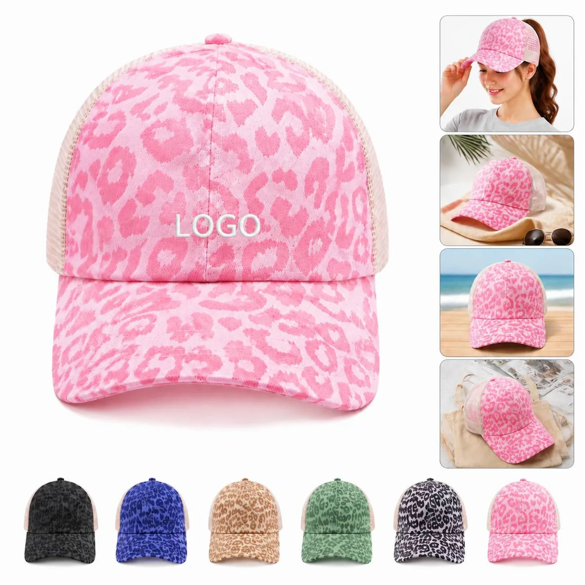 Leopard Print Ponytail Cap Breathable Mesh