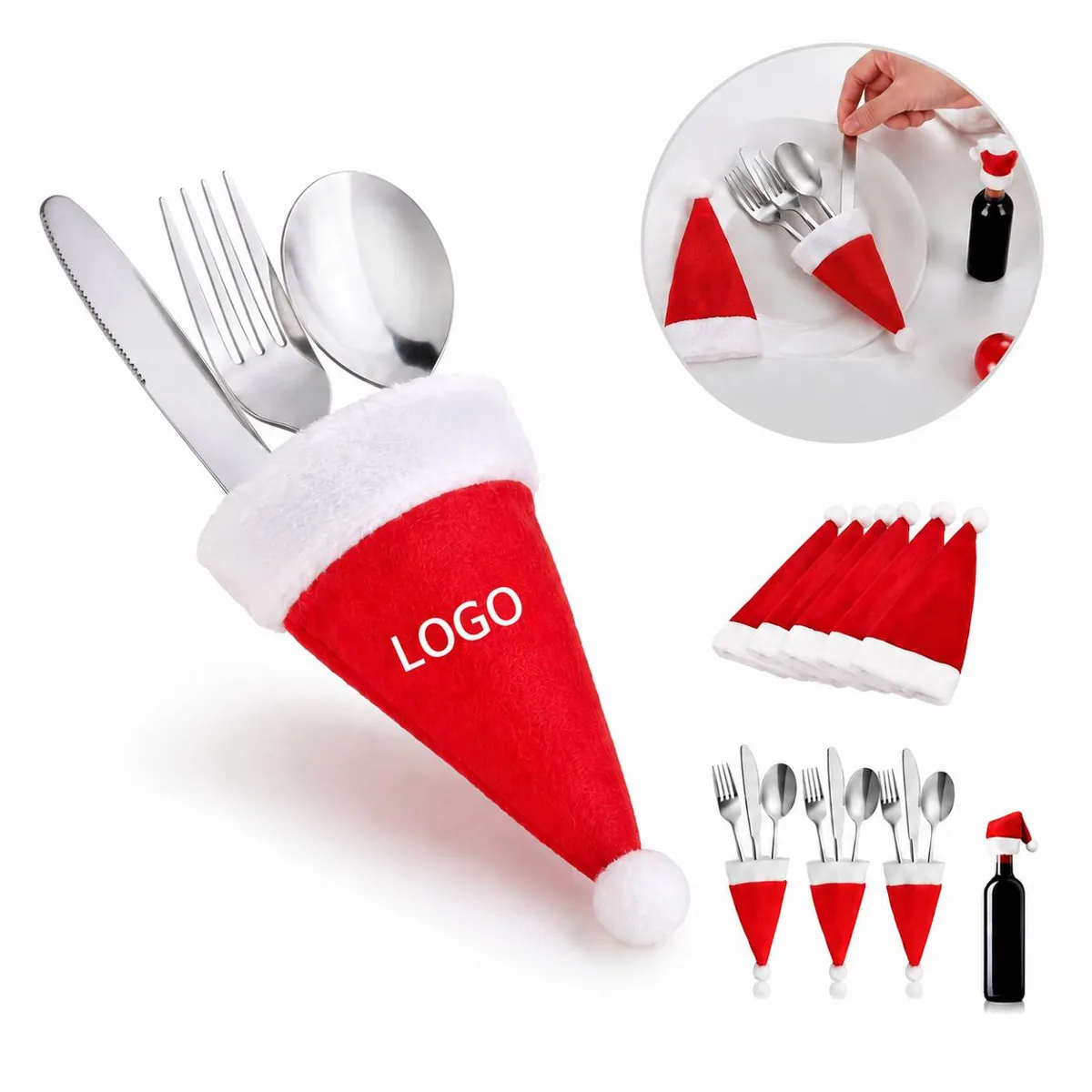 Santa Hat Style Fabric Utensil Holders for Holiday Table