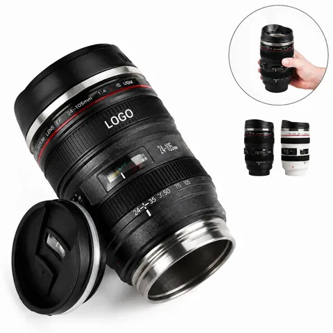 Camera Lens Coffee Mug with Retractable Lid, Insulated Gift