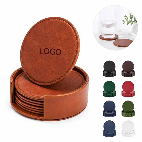 Genuine Leather Coaster Set with Wooden Stand