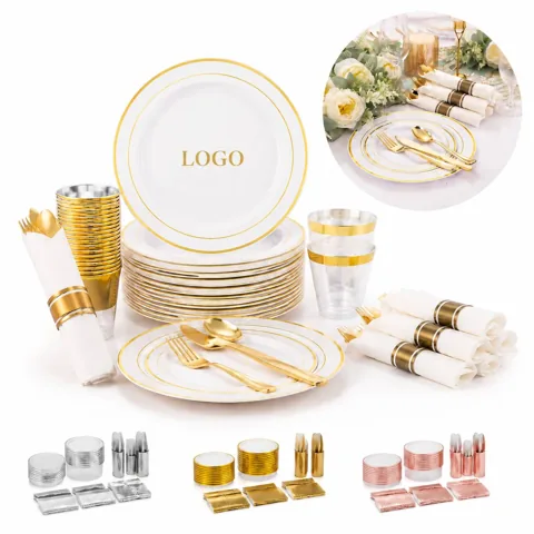 Gold Disposable Party Tableware Set for Weddings & Events