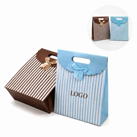 Printed Tab Top Gift Box Bags with Ribbon Bow, Assorted